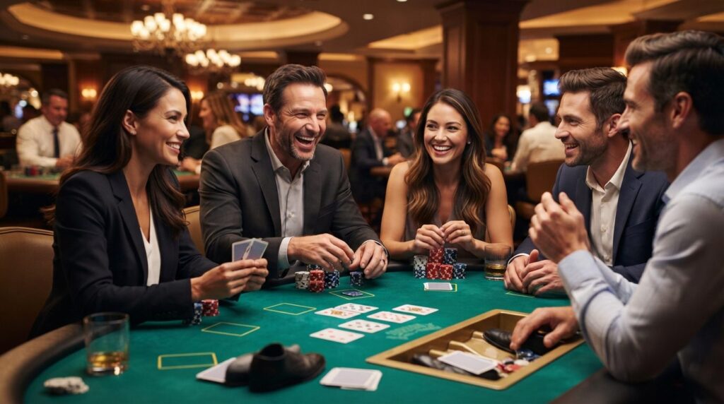 Close-up of business colleagues playing poker at casino tabl