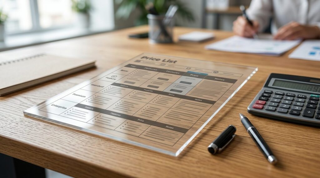 Transparent prisliste-dokument tæt på i fotorealistisk stil.
