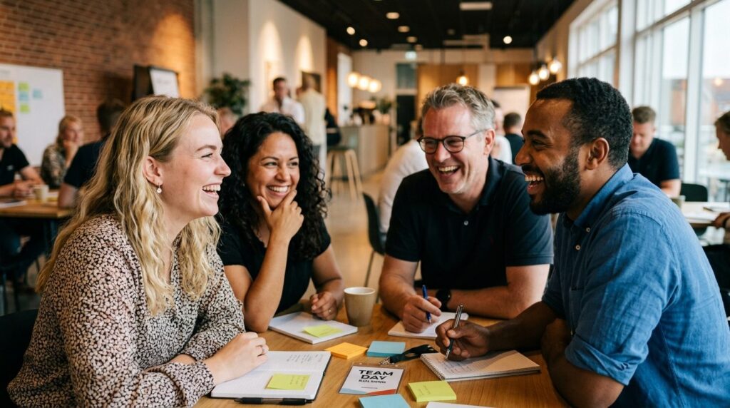 Close-up of happy coworkers enjoying laughter and bonding du