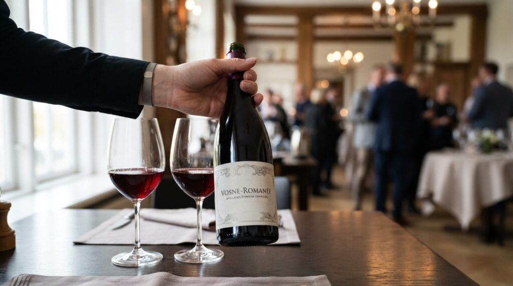 Close-up professional shot of a sommeliers hand presenting