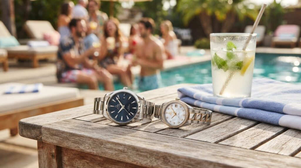 Close-up detail shot of a luxury mens and womens wrist wat