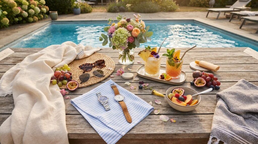 Overhead flat lay composition of poolside essentials for sum