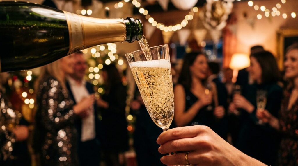 Champagne hældes i et elegantglas i nærbillede.