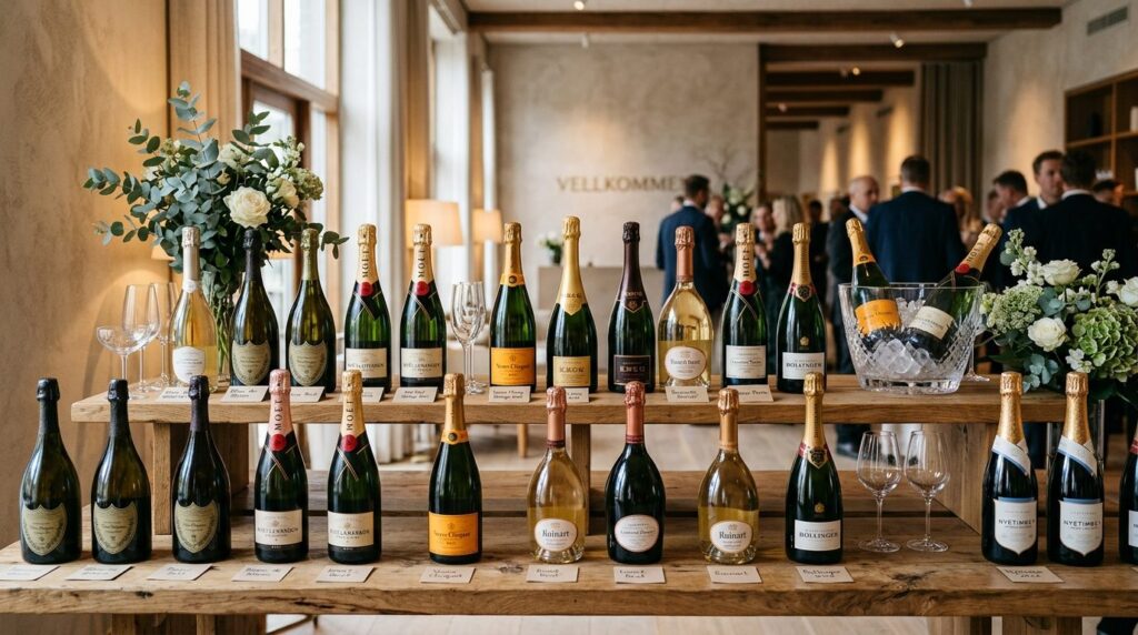 Samling af champagne og mousserende vin på display.