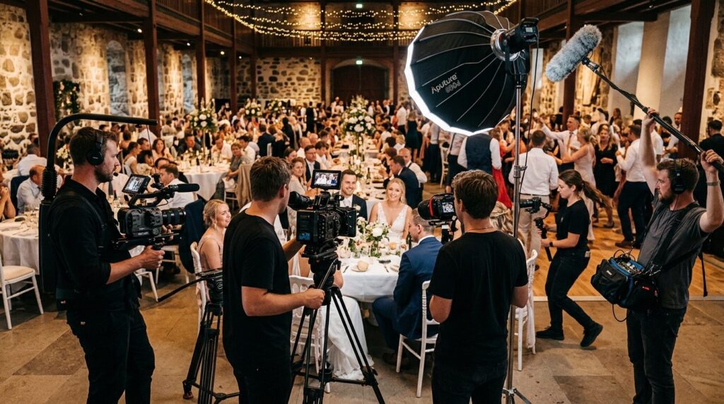 Wide shot of videography team with multiple crew members and