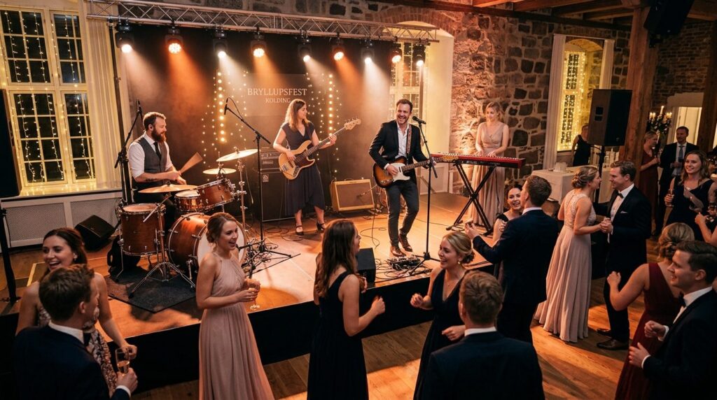 Live wedding band performing on stage at an upscale venue in