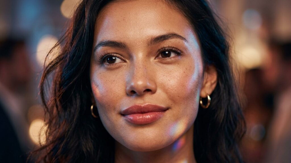 Close-up photorealistic beauty shot of a young womans face 