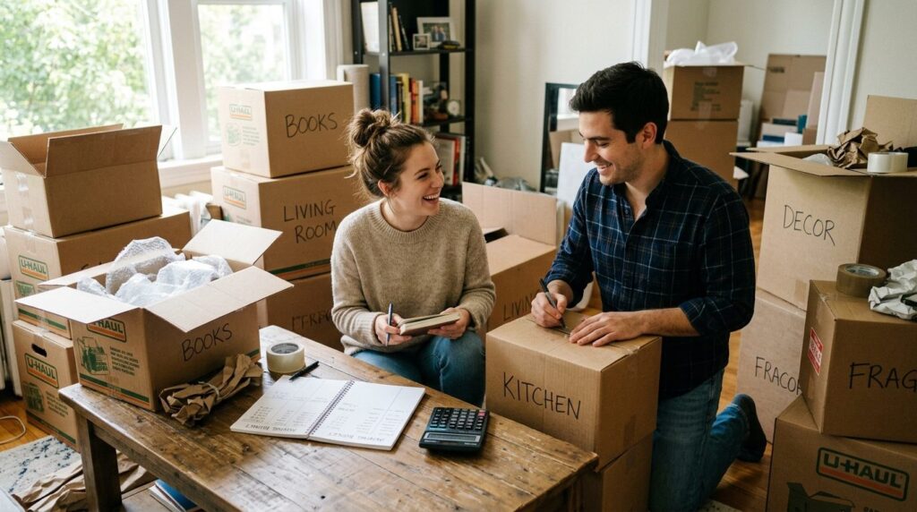 Close-up of a young couple organizing moving boxes and packi