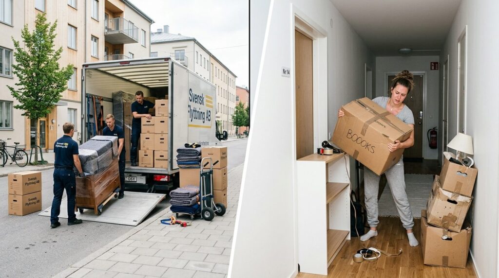 Split-screen comparison: left side shows professional movers
