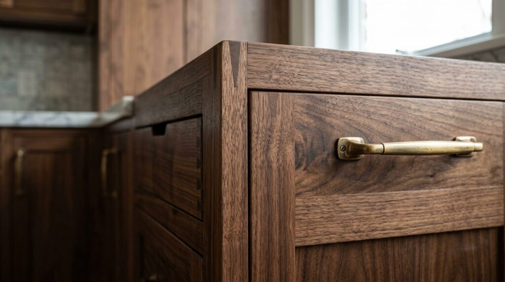Close-up detail shot of premium handcrafted wooden kitchen c