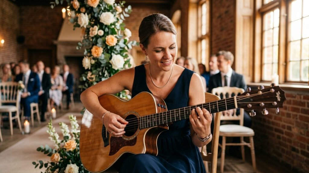 Close-up of professional musician playing acoustic guitar at
