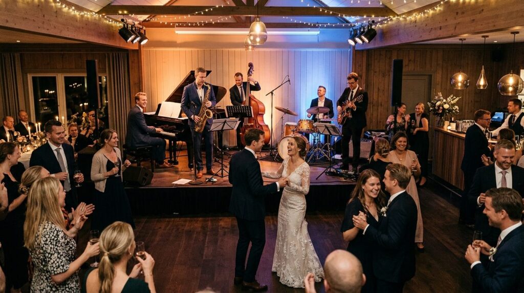 Wedding reception with live jazz band performing, elegant Sc