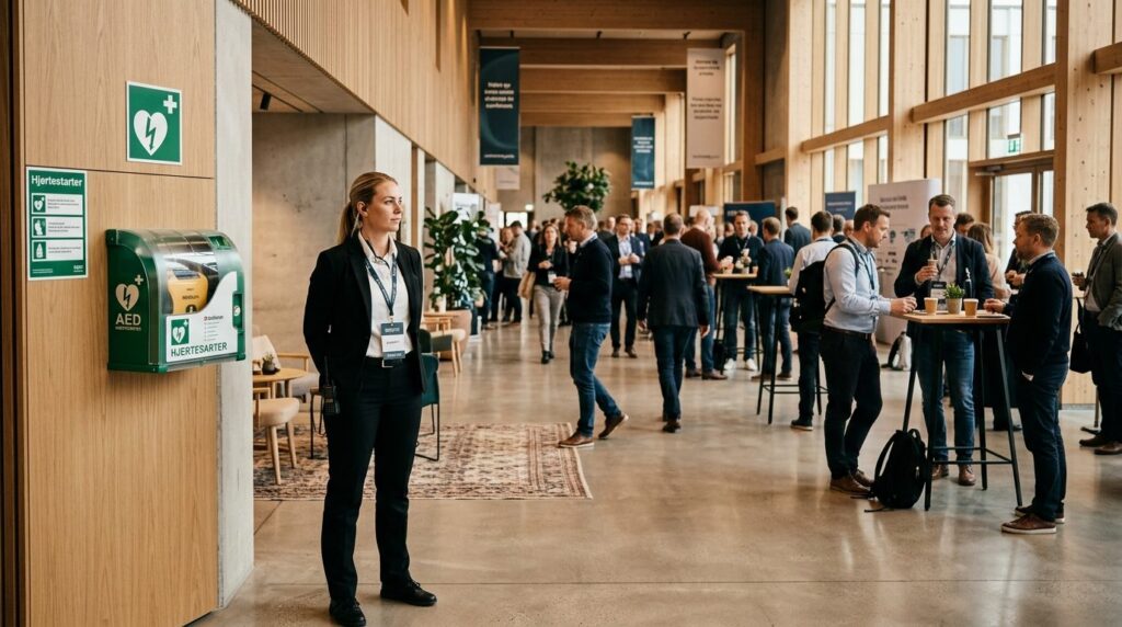 Event-koordinator eller sikkerhedspersonale i vidvinkel under et event.
