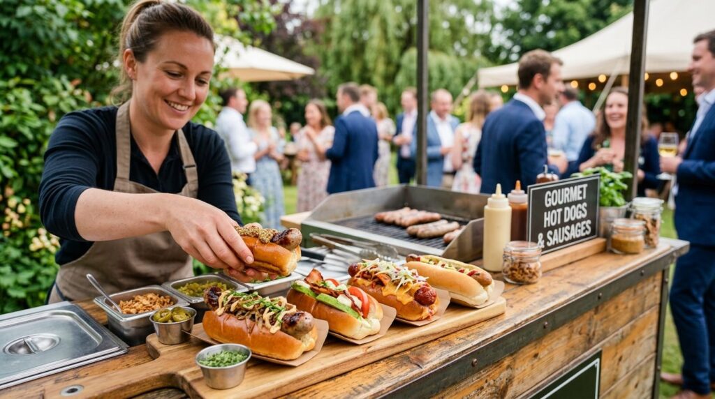Close-up stock photo of freshly prepared gourmet hot dogs an