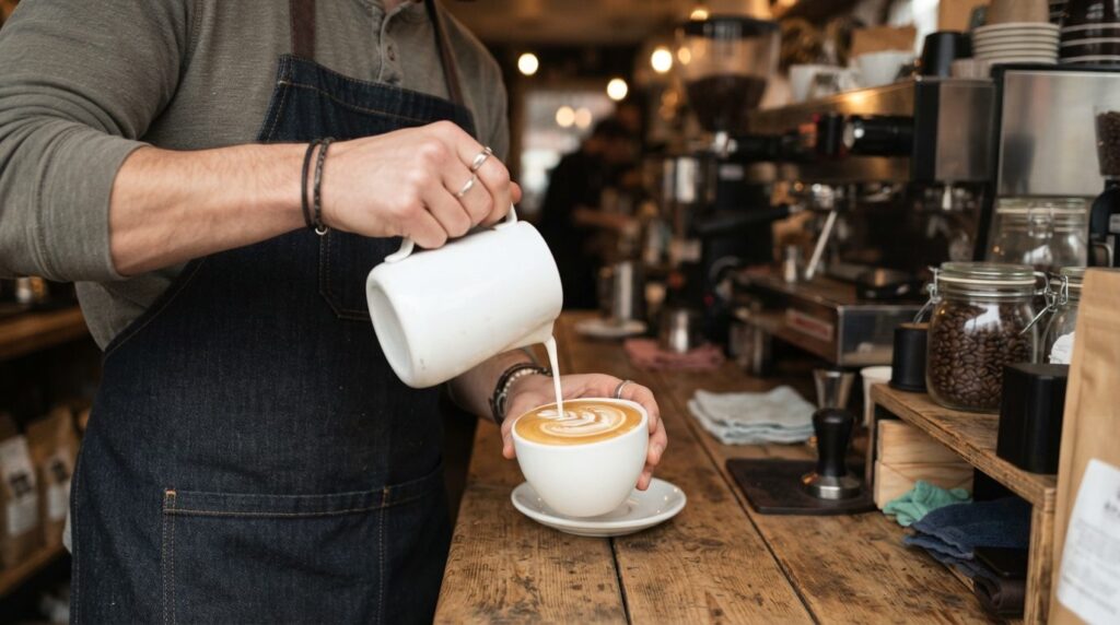 Close-up professional photo of a baristas hands expertly po
