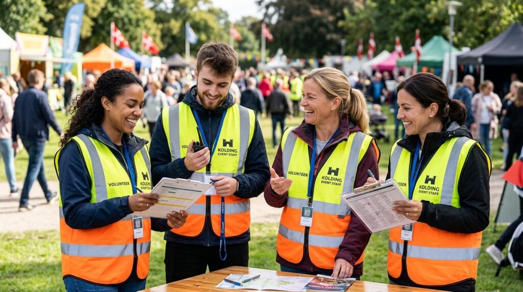 Close-up professional photo of a team of volunteer event sta