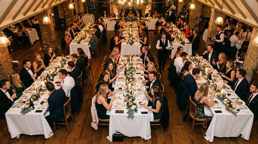 Aerial view of festive restaurant scene with guests gathered around tables.