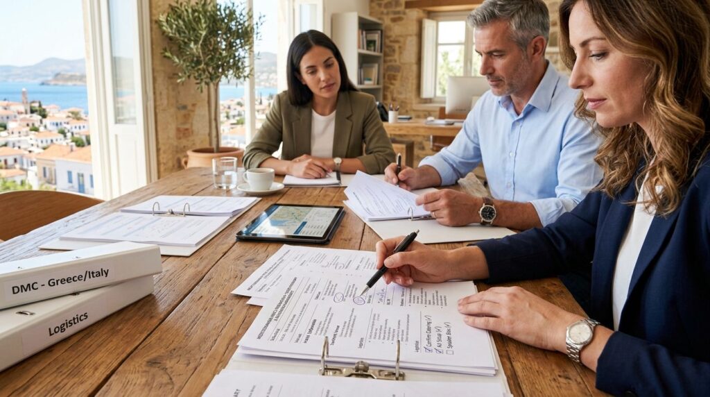 Close-up of business professionals reviewing destination man