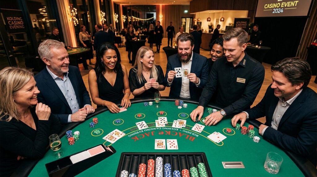 Overhead view of friends gathered around a blackjack table a