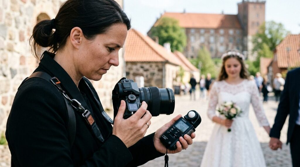 Close-up of a professional photographer adjusting camera set