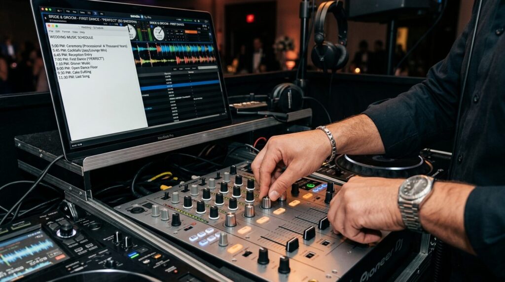Close-up of DJs hands adjusting mixer controls and timeline
