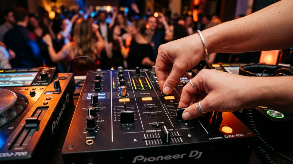 Close-up of hands adjusting DJ mixer controls and crossfader