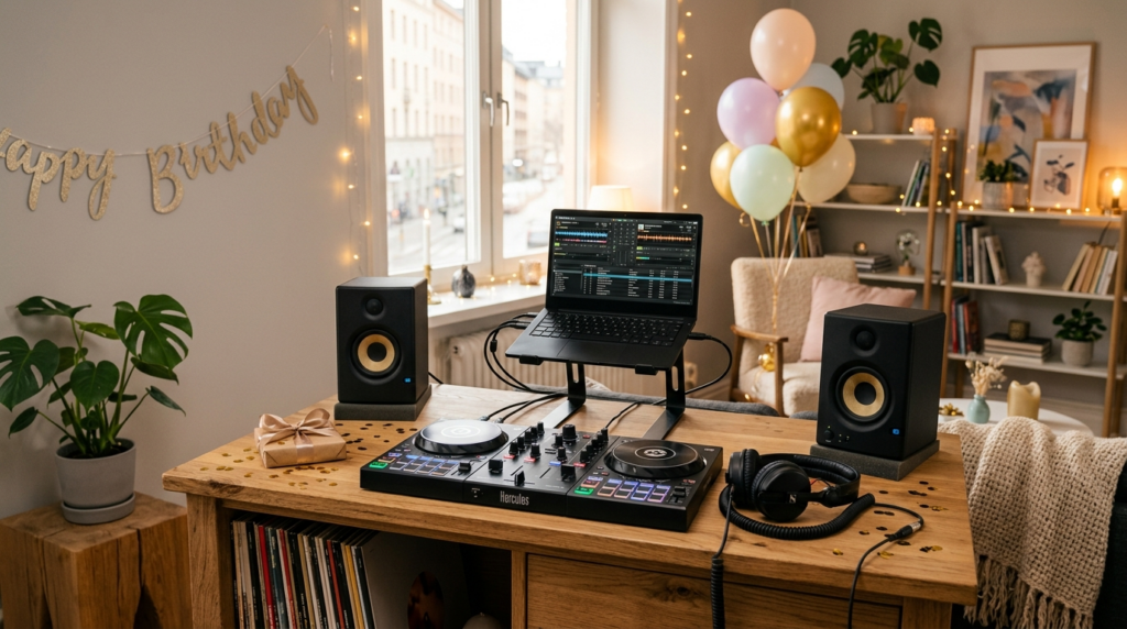 Compact DJ turntable and mixer setup in a Scandinavian-style