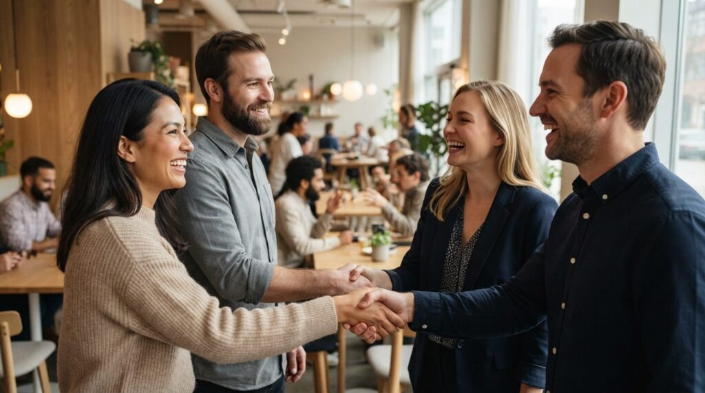 Realistic close-up stock photo of two couples shaking hands 