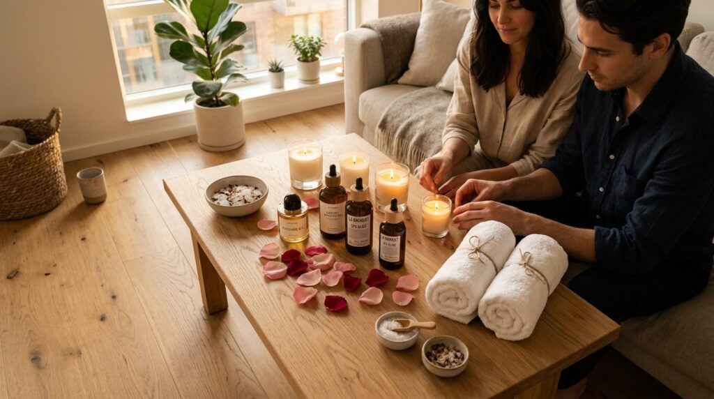 Overhead shot of a couple preparing for a romantic at-home s