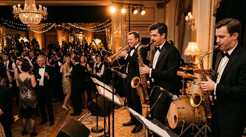 Close-up professional stock photo of a live swing band perfo