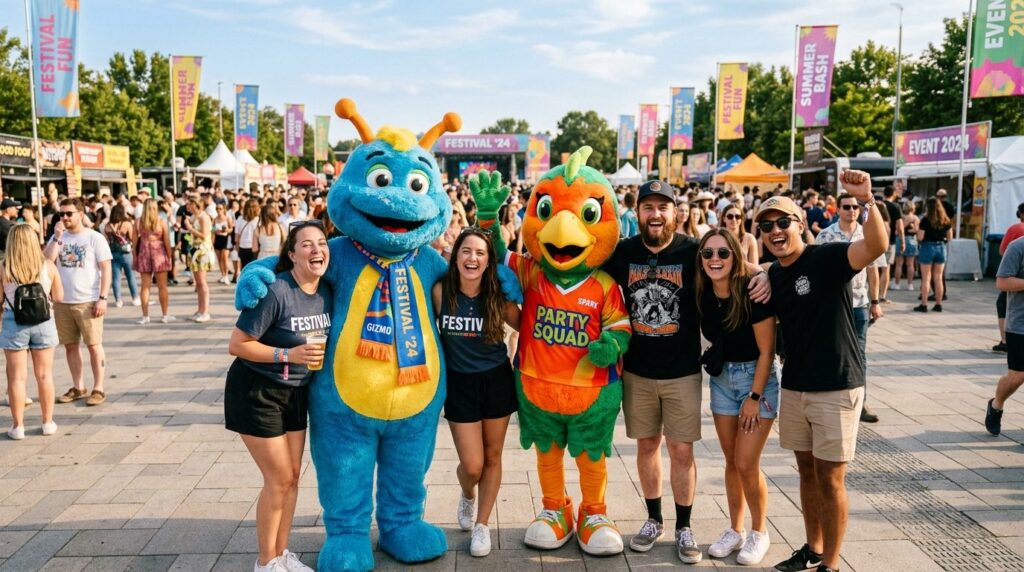 Group of happy event attendees posing with colorful branded 
