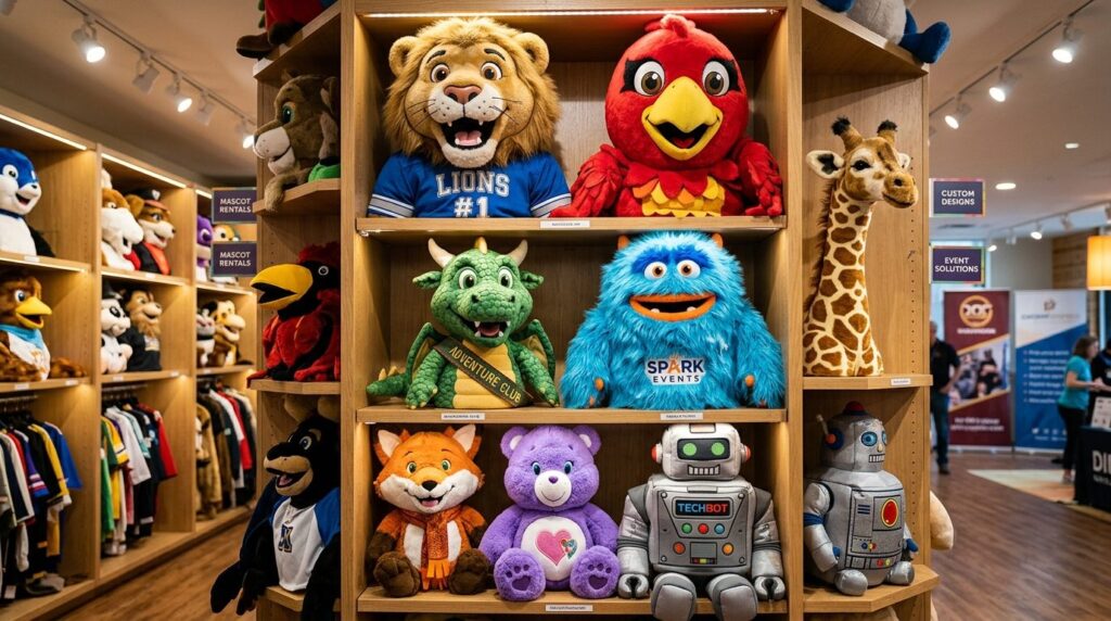 Close-up of diverse custom mascot costumes and plush charact