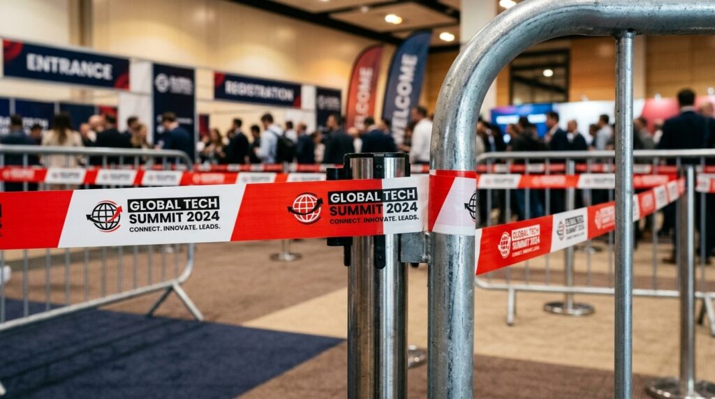 Close-up detail of printed branded event tape with custom lo