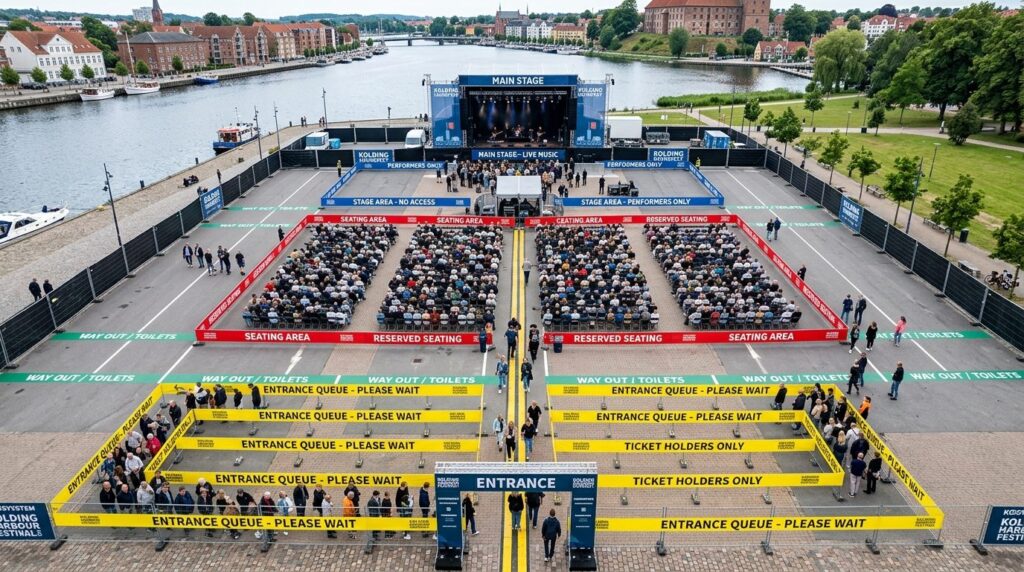 Overhead view of event floor plan zoning in Kolding showing 