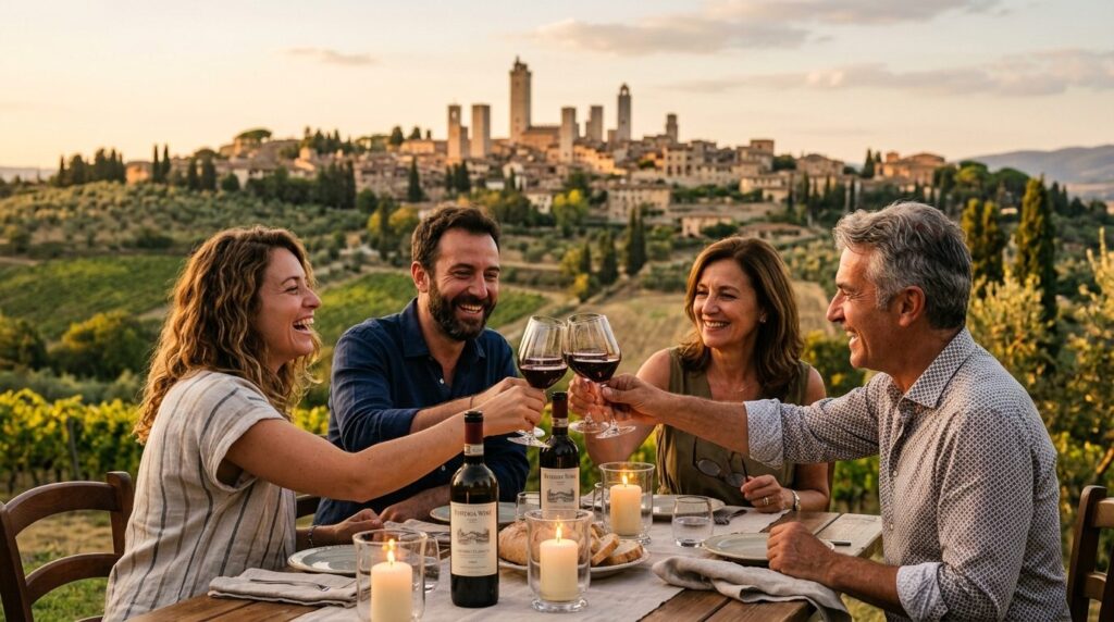 Close-up of a group of friends toasting with local Tuscan wi