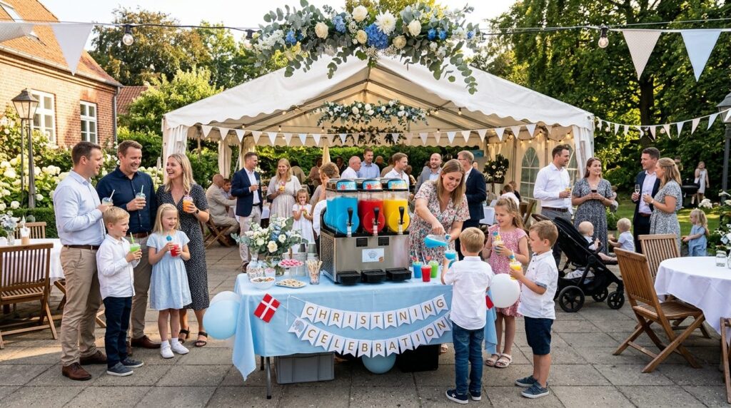 Wide angle photo of multiple guests enjoying colorful slush 