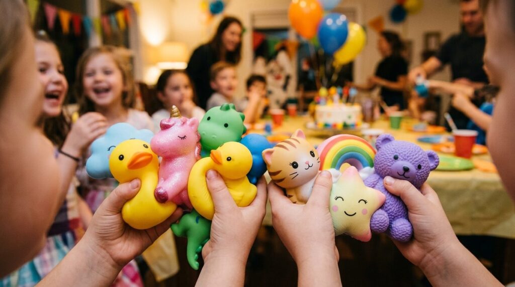 Close-up realistic photo of hands holding various soft squis