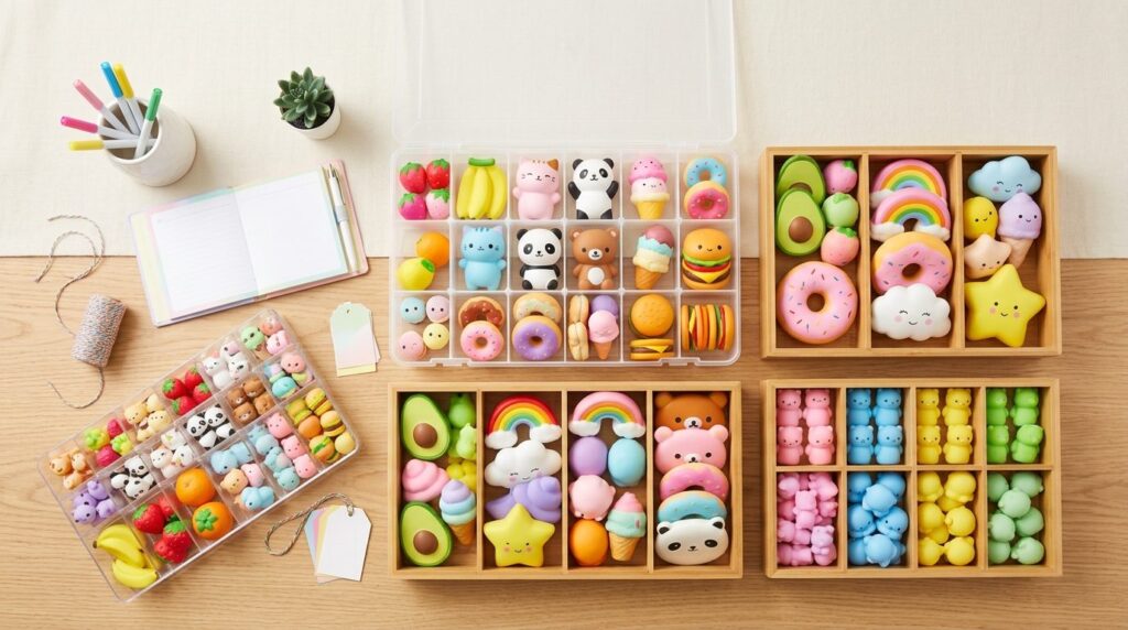 Overhead flat lay of colorful squishys organized in storage 
