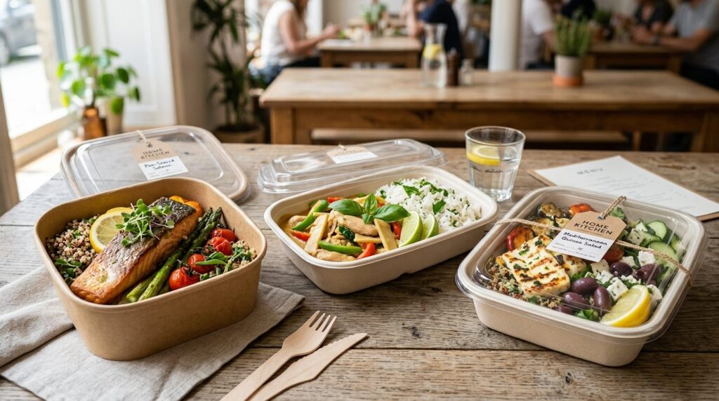 Close-up professional food photography of premium takeaway c